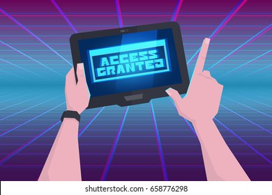 Hands with tablet in the cyberspace. Access granted on the screen of the tablet. Hacked digital device with human hands. Cyberspace background. Vector illustration.