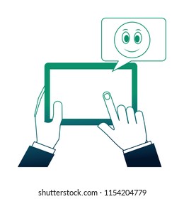 hands with tablet device and emoji kawaii in speech bubble