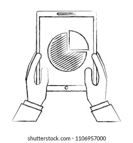 hands with tablet device and graphic statistics isolated icon