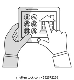 hands with tablet device with smart house control on screen over white background. vector illustration