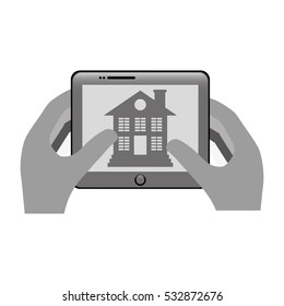 hands with tablet device with smart house control on screen over white background. vector illustration