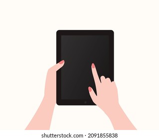 Hands with tablet flat vector illustration. Woman holding tablet . Internet tablet app concept. User hold tablet and pointing on the screen.