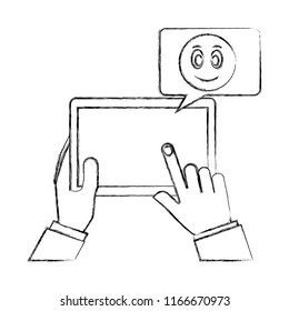hands with tablet mobile chatting happy emoji hand drawing