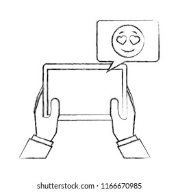 hands with tablet mobile chatting love emoji hand drawing
