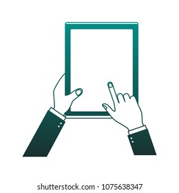 Hands with tablet on blue lines