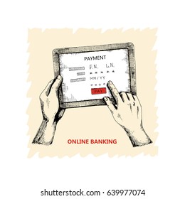 Hands with a tablet. Online payment by card. Carrying out transactions through Internet banking. Vector illustration of a sketch. Hand-drawn.