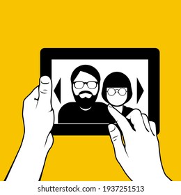 Hands with tablet pc, looking through photos, photo archives, vector