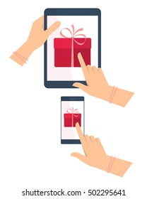 Hands with tablet pc, mobile phone with gift boxes on the screen. Vector flat illustration of hands, portable pad, phone with celebration, christmas, new year, birthday present. Vector concept design.
