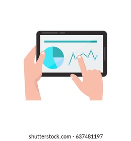  hands with tablet pc. vector flat cartoon illustration icon design. Business concept. Graphics, statistics. Isolated on white background