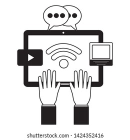 hands with tablet social media vector illustration