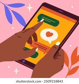 Hands with tablet. User communicates on social networks and sends chat message. Modern gadget and device. Graphic element for website. Cartoon vector illustration isolated on orange background