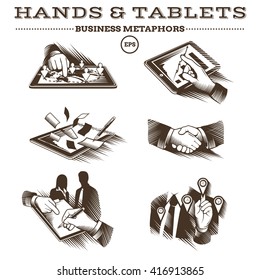 Hands and Tablets. Engraved Vector