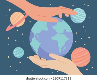 Hands take Earth. Planets on background of starry sky. Galaxy and universe. Space bodies, astrology and astronomy. Educational materials, infographics. Cartoon flat vector illustration