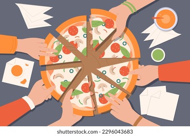 Hands take pizza. Fast food and Italian cuisine. Lunch break, students in cafe with triangle slices. Advertising poster or banner. Corporate party and event. Cartoon flat vector illustration