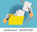 Hands takes a document from a yellow folder. Modern collage style. Vector illustration