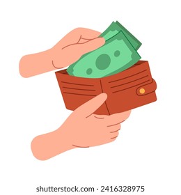 Hands taking banknotes out of a wallet. Holding a wallet with money in hands. Spend money, pay for purchases. Financial concept hand drawn illustration isolated on white background.