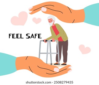 Hands taking care of Grandfather with a Walker. Concept of support and kindness in community. Volunteer share empathy and hope with needy. Help and compassion in life. Flat vector illustration.