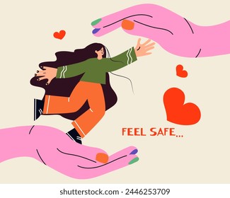 Hands taking care of Woman. Concept of support and kindness in community. Female volunteer share empathy and hope with needy. Help and compassion in life. Flat vector illustration.