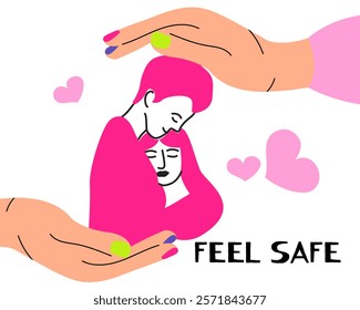 Hands taking care of a young couple. Concept of support and kindness in community.Volunteer share empathy and hope with needy. Help and compassion in life. Flat vector illustration.