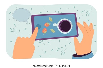 Hands taking photo of breakfast flat vector illustration. Person touching screen, taking picture for social media. Photography concept for banner, website design or landing web page