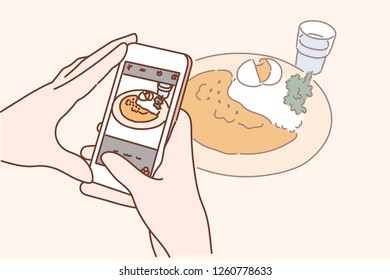 Hands taking pictures of food. hand drawn style vector design illustrations.