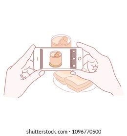 Hands taking pictures of food with a mobile phone. hand drawn style vector doodle design illustrations.