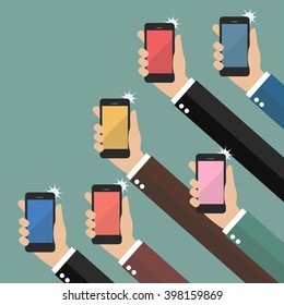 Hands taking pictures with smartphones. Flat style vector illustration