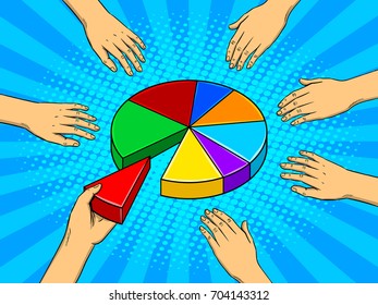 Hands taking pieces of a pie chart pop art retro vector illustration. Budget metaphor. Comic book style imitation.