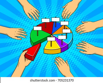 Hands taking pieces of a pie chart pop art retro vector illustration. Budget metaphor. Comic book style imitation.