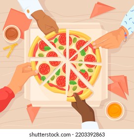 Hands taking pizza. Party eating dinner, share meal with hungry family or comer friends, hand grab slice pizzas eat dish office colleagues together lunch, vector illustration of friendship pizza view