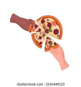 Hands taking pizza pieces. Italian food, pepperoni with sausage slices, champignon mushrooms, tomato sauce and cheese, top view. Friends eating. Flat vector illustration isolated on white background.