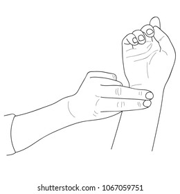 Hands Taking Pulse. Line Drawing. Vector Illustration.