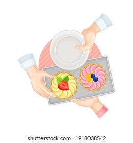 Hands Taking Tartlet with Whipped Cream and Berry on Plate Above View Vector Illustration