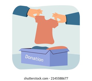 Hands taking T-shirt out of box with clothes. Volunteers giving clothes away to poor persons flat vector illustration. Charity, clothing donation concept for banner, website design or landing web page