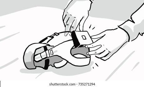 The hands taking virtual reality headset glasses. Black and white vector sketch. Simple drawing at white background.