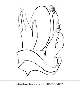 Hands with tambourine engraving vector illustration. Hand draw style imitation. Hands playing tambourine with ribbons vector illustration
