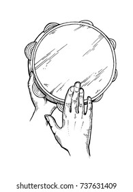 Hands with tambourine engraving vector illustration. Scratch board style imitation. Hand drawn image.