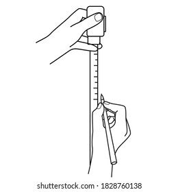 Hands with tape and pen in hands. The design process, measurement process, the installation process. Construction and repair. Vector isolated black simple line drawing on white. Manual, install guide