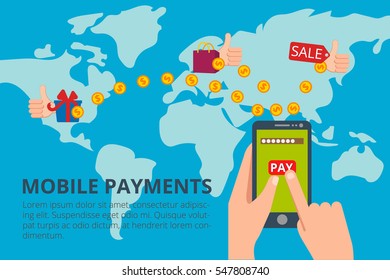 Hands tapping smart phone with banking payment app. Modern flat style concept vector illustration with big world map for web banners and info graphic.