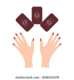 Hands with tarot cards. Magic symbols. Flat and cartoon style. For print design, tattoo, stickers.