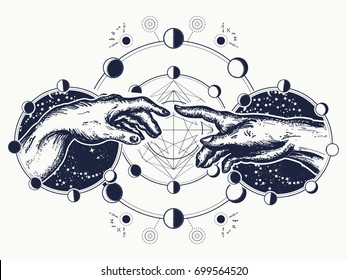 Hands tattoo Renaissance. Gods and Adam, symbol of spirituality, religion, connection and interaction