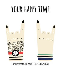 Hands, tattoos, watches and bracelets. Vector illustration. Your happy time. Flat, hand-drawn styles.
