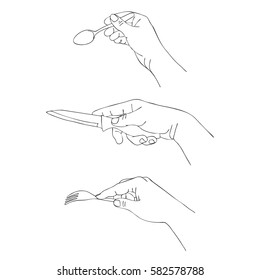 hands with tea spoon, knife and fork, line drawing isolated symbol at white background