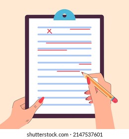 Hands of teacher or editor correcting mistakes in document. Incorrect grammar or spelling, errors in text flat vector illustration. Education, correction concept for banner or landing web page