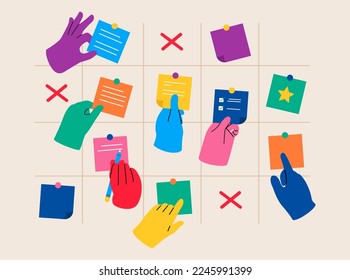 Hands of team members and color paper stickers.  Teamwork development, planning concept. Colorful vector illustration
