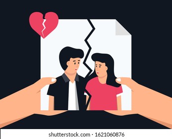 Hands tear apart photo couple due to a broken heart. Couple in disagreement at end of friendly relations. Crisis relationship divorce. Flat cartoon vector illustration