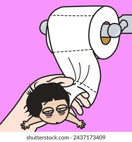 Hands Tear The Old Sad Girl Toilet Paper Away And Tried The New Happier Smooth One. Erase Bad Memories Concept Card Character illustration