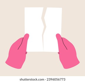 Hands tearing apart a blank sheet of paper. Colorful vector illustration