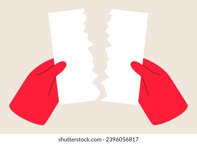 Hands tearing apart a blank sheet of paper. Colorful vector illustration