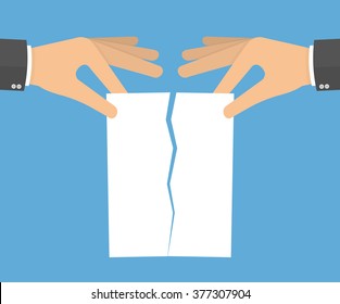 Hands tearing apart a blank sheet of paper. Flat style